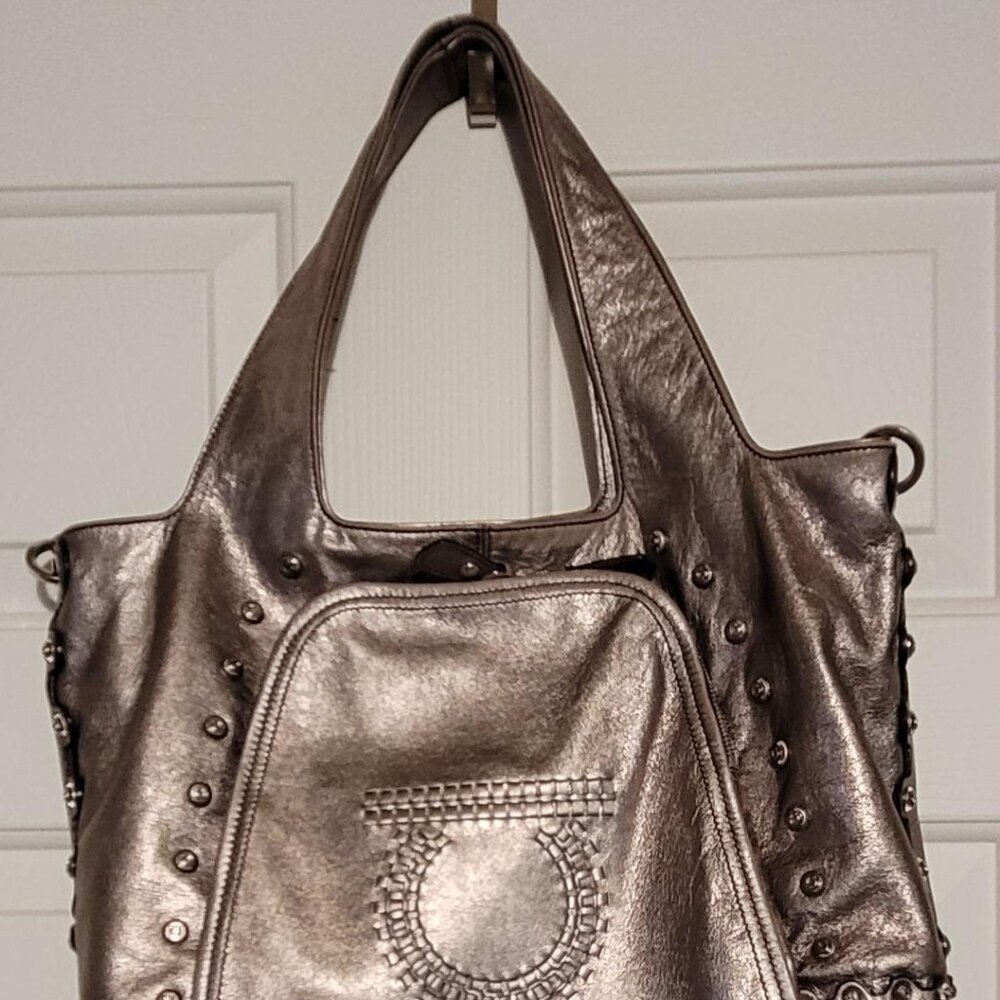 Salvatore Ferragamo-Metallic Leather UNIQUE Studded Hobo w/ Removable Strap - Picture 3 of 10